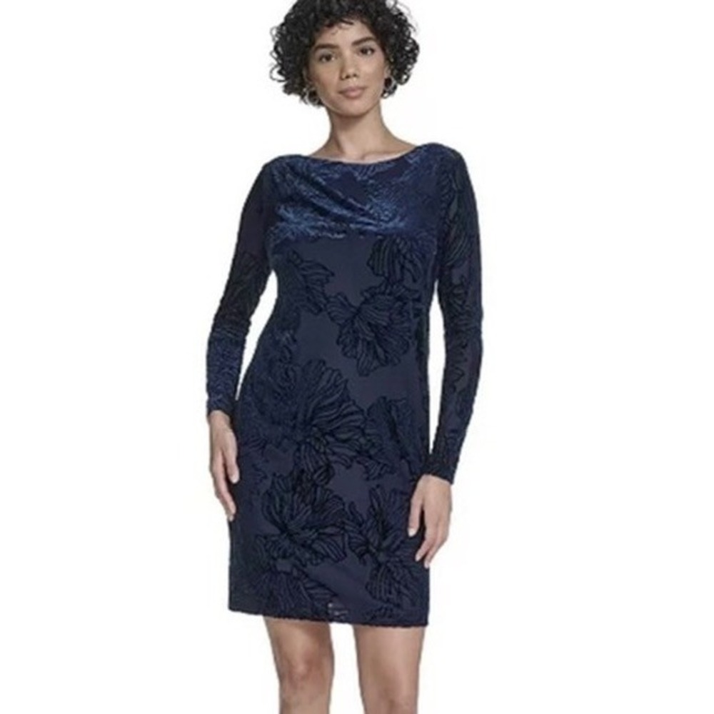 Calvin Klein Dress Women Navy Blue Velvet Burnout Floral Long Sleeve 14 NWT